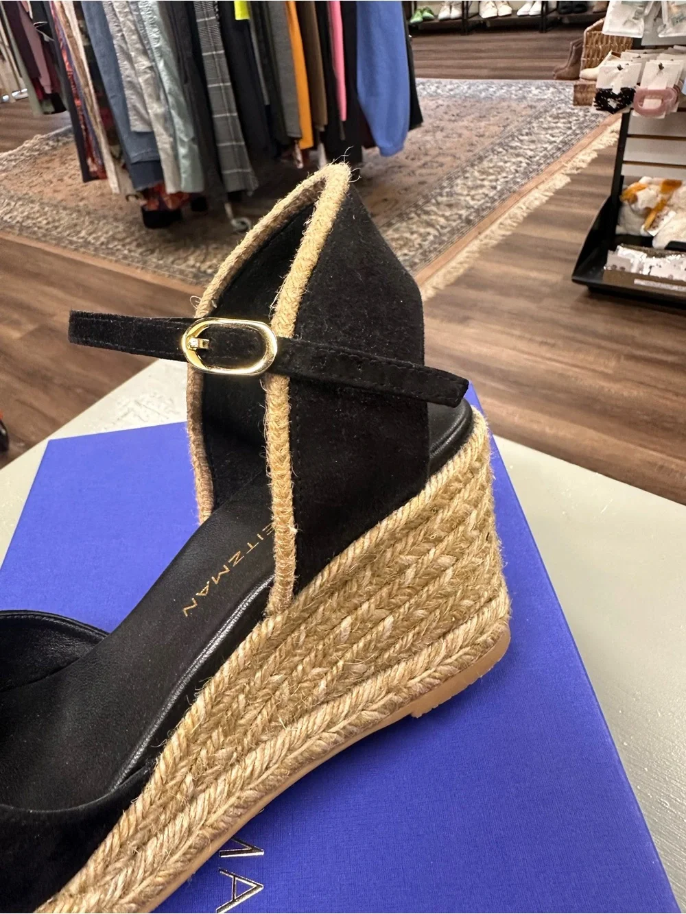 Stuart Weitzman Dayna Suede Espadrille Wedges black leather and jute size 10.5